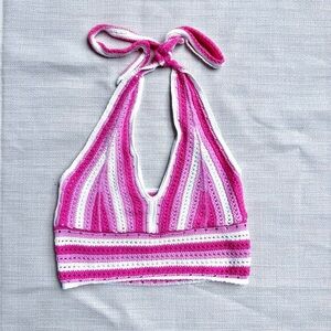 Hollister Crochet crop halter Large Pink Festival striped top